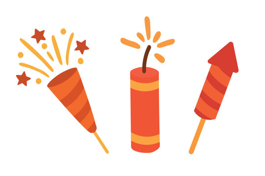 Festive firecrackers and small fireworks illustrated in warm flat style for celebration and cultural holiday themes.
