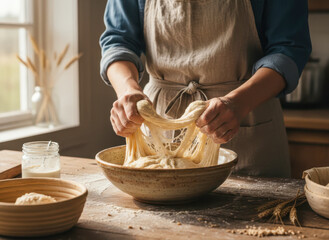 Hands in apron expertly kneading fresh artisan bread dough in a rustic kitchen, preparing homemade baked goods for baking