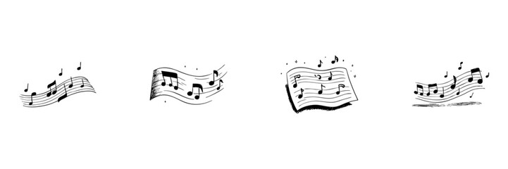 Musical Notes And Sheet Music Doodle Sketch Set. Melody And Harmony Representation In Hand Drawn Style Collection. Artistic Music Composition Elements. Isolated Vector Illustration