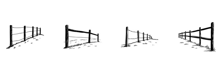 Fototapeta premium Wooden Fence Doodle Sketch Set. Rural Boundary And Pasture Enclosure In Hand Drawn Style Collection. Rustic Countryside And Farm Landscape. Hand Drawn Isolated Vector Illustration