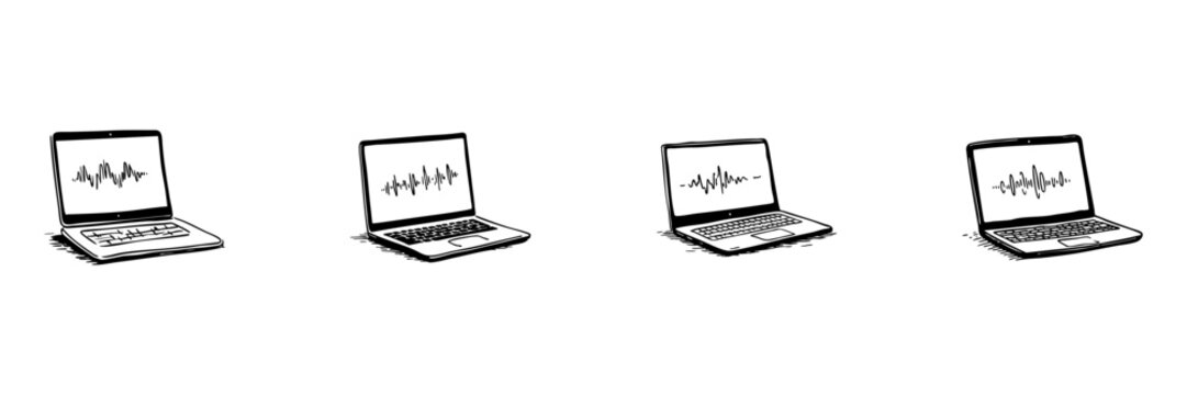 Laptops With Sound Waves Doodle Sketch Set. Audio Editing, Sound Design, And Music Production In Hand Drawn Style Collection. Digital Audio Workstation Concept. Hand Drawn Isolated Vector Illustration