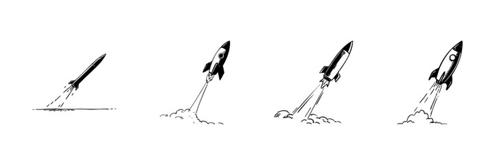 Rocket Launch Sequence Doodle Sketch Set. Space Exploration And Innovation In Hand Drawn Style Collection. Progression Of Rocket Taking Off. Isolated Vector Illustration