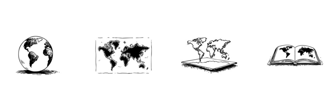 Globe, World Map, Atlas Doodle Sketch Set. Global Geography, Cartography, Educational Tools In Hand Drawn Style Collection. Earth Representation And Learning Resources. Isolated Vector Illustration