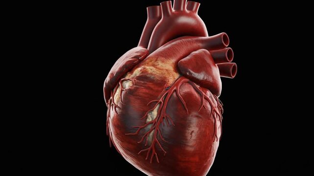 Anatomically correct human heart illustration showing the cardiovascular system, arteries, and veins on a black background
