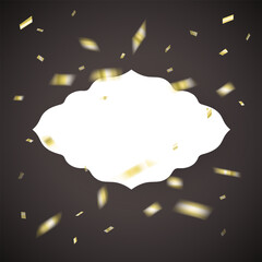 Golden Confetti Burst with Ornate Blank Label on Dark Background frame for text. Vector templates for wedding invitation, greeting card, packaging, branding, design, social or media