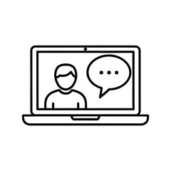 Online communication icon: person inside a laptop screen with a speech bubble indicating conversation or messaging, perfect for digital interaction concepts.