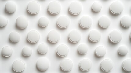 Many round white pills arranged neatly on a textured white surface with subtle shadows.