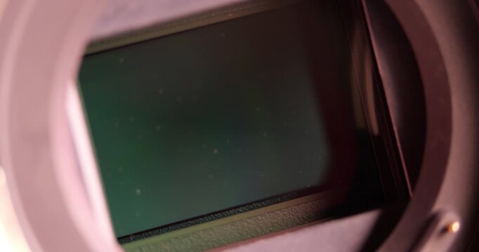 Large Camera Matrix Sensor Close Up With Subtle Dust Layer Gold-Plated Lens Mount Contacts Mechanical Shutter Sound Digital Image Recording Technology Professional Photography Gear Optical Engineering