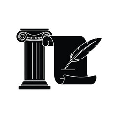 Naklejka premium Ancient roman ionic column stands beside a rolled parchment scroll with a quill pen writing on it, representing law and history.