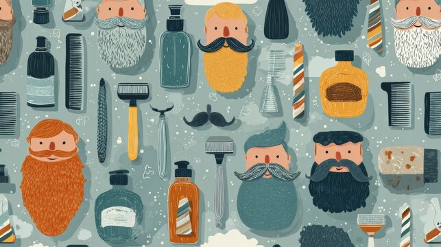 Collection of Beard Icons, Razors, and Grooming Bottles Form a Unique Seamless Pattern on a Muted Background