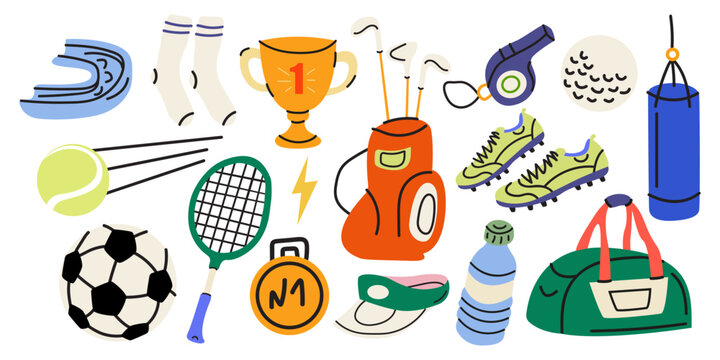 Cartoon sport elements set in retro doodle style. Training, activity shapes. Sports equipment, soccer ball, tennis racket, punching bag, golf clubs. Flat vector illustration isolated