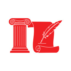 Ancient greek column and red scroll with quill feather icon representing law, history, and writing, isolated on white