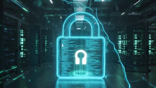 Secure digital fortress Glowing data streams Futuristic holographic lock in a high tech server room Internet cyber security encryption. futuristic digital cityscape - Powered by Adobe