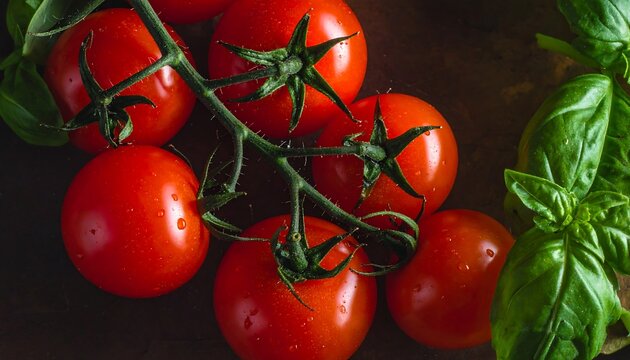 Close-up of ripe tomatoes on vine with fresh basil leaves - Powered by Adobe