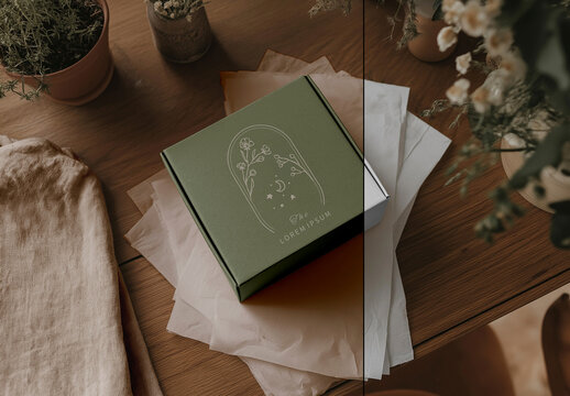 Eco-Friendly Boho Packaging Box Mockup with Tissue Paper Layers