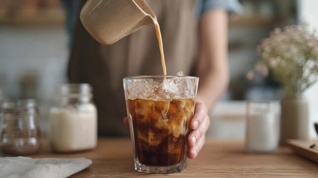 Person's hand holding a glass of iced coffee. the glass is filled with ice cubes and the coffee is being poured from a beige-colored pitcher into it.