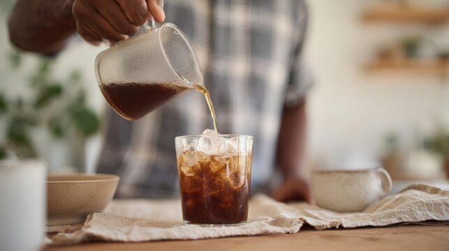 A person's hand pouring iced coffee from a glass pitcher into a tall glass. the glass is placed on a wooden table with a beige cloth napkin.