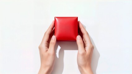 A pair of hands carefully holds a smooth, square, bright red gift box without a ribbon, centered against a clean white backdrop.