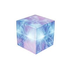 Glowing ethereal cube with swirling blue and purple light patterns, creating a mystical and abstract visual effect, isolated on transparent background