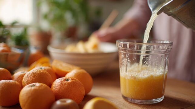 Person's hand pouring orange juice from a silver pitcher into a glass. the glass is placed on a wooden table and there are a bunch of oranges on the left side of the table. - Powered by Adobe