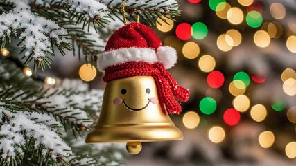 Smiling Christmas Bell Emoji Wearing a Santa Hat on a Snowy Tree with Holiday Bokeh Lights - Powered by Adobe