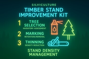 Neon themed silviculture infographic for sustainable forest management and timber production