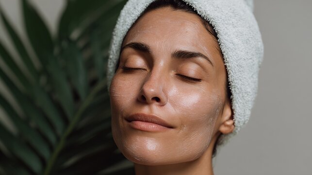 Woman is smiling and wearing a white towel