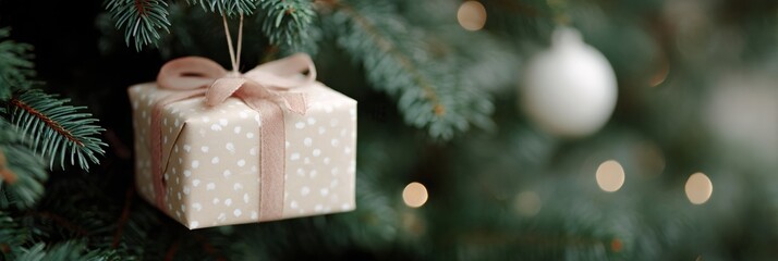 White and brown gift box with a bow hanging from a Christmas tree