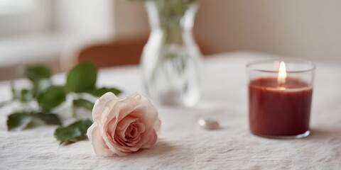 Fototapeta premium Candle is lit on a table next to a rose