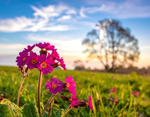 Close-up of vibrant flowers in a field with a tree and sunset