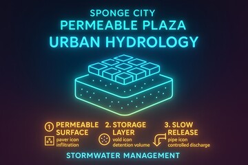 Urban hydrology infographic showing stormwater management and sustainable drainage for city planning