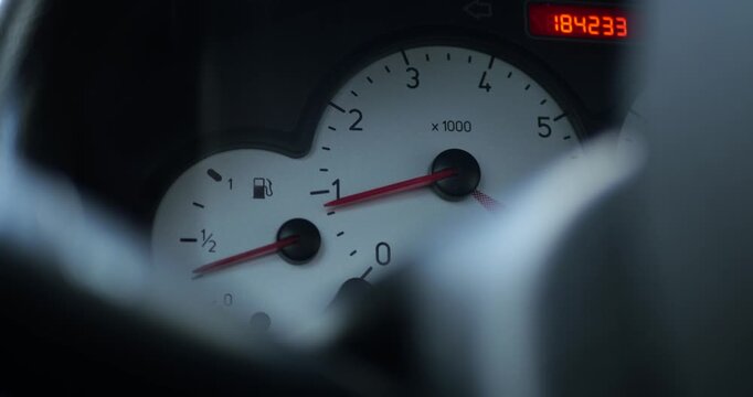 Car Idle Sound Close Up Digital Dashboard With Mechanical Needles Odometer Showing High Mileage Used Vehicle Condition Automotive Engineering Driving Experience Engine Performance Used Car Market