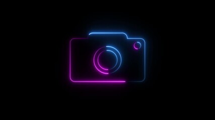 Glowing neon camera icon isolated with looped animation on black background. Bright flashes for overlay video camera. Social media video camera icon for app animated..