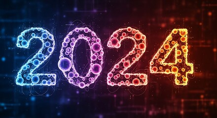 Bright Neon Number 2024 with Digital Glowing Effect in Futuristic Style
