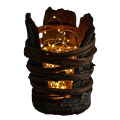 Rustic wooden lantern with warm glowing string lights, creating a cozy atmosphere, isolated on transparent background