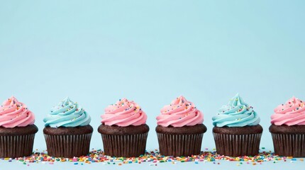 Delicious cupcakes with colorful frosting and sprinkles on a light blue background