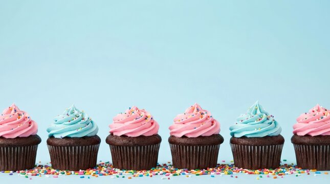 Delicious cupcakes with colorful frosting and sprinkles on a light blue background
