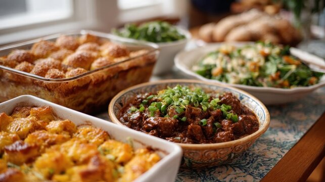Table with a variety of food items on it. on the left side of the table, there is a glass baking dish with a golden brown crust and a serving of bread pudding. - Powered by Adobe