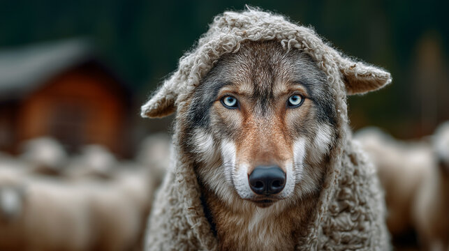 A wolf, cleverly disguised in sheep's clothing, mixes in the flock. Deception concept. 