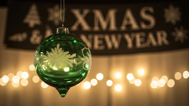 Festive green ornament with etched floral patterns hangs in front of a blurred holiday banner