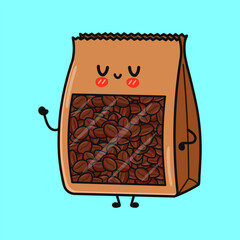 Happy cartoon coffee bag waving hand displaying coffee beans