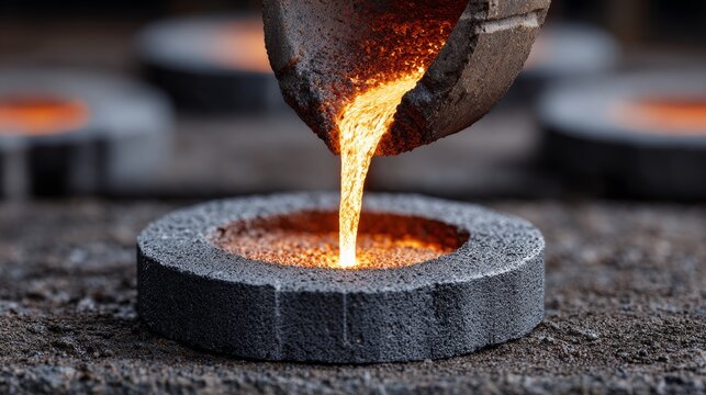 Molten metal pouring in steel factory industrial process metal casting high-temperature environment close-up view labor-intensive art - Powered by Adobe