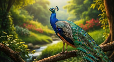 Naklejka premium Elegant peacock perched on a branch amidst a lush forest, showcasing vibrant plumage in natural