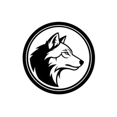 Obraz premium Wolf Silhouette in a Circle: A minimalist monochrome depiction of a wolf's head in profile, framed within a classic circular emblem, embodies strength and independence.