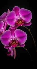 Elegant phalaenopsis orchid blooms showcase intricate textures against a dark backdrop
