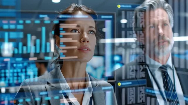 Data Analyst Team in Futuristic Tech Room: A focused team of data analysts immersed in a cutting-edge, high-tech room, with their eyes fixed on data visualization of the information.