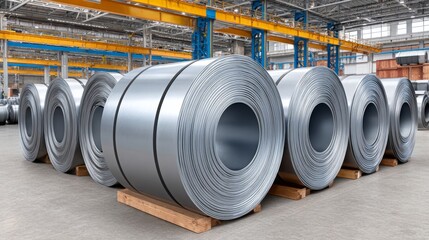 Labor and action in a steel factory warehouse of rolled metal coils industrial environment high-detail view