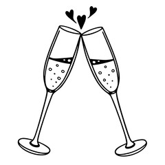 “Romantic Minimal Line Art of Two Champagne Glasses Toasting with Floating Hearts — Elegant Continuous Line Celebration Vector Illustration”

