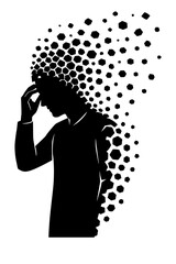 Silhouette of a person with a dissolving head, symbolizing mental health struggles and emotional distress, on transparent background PNG