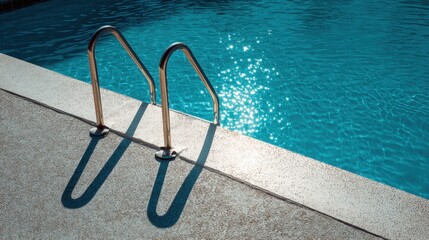 Gleaming Pool Water with Reflective Sunlight and Metal Ladder by the Edge of a Concrete Surrounding Area